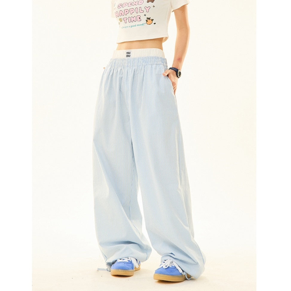 Double Waist Striped Wide-legged Long ＆ Short Pants MW9269