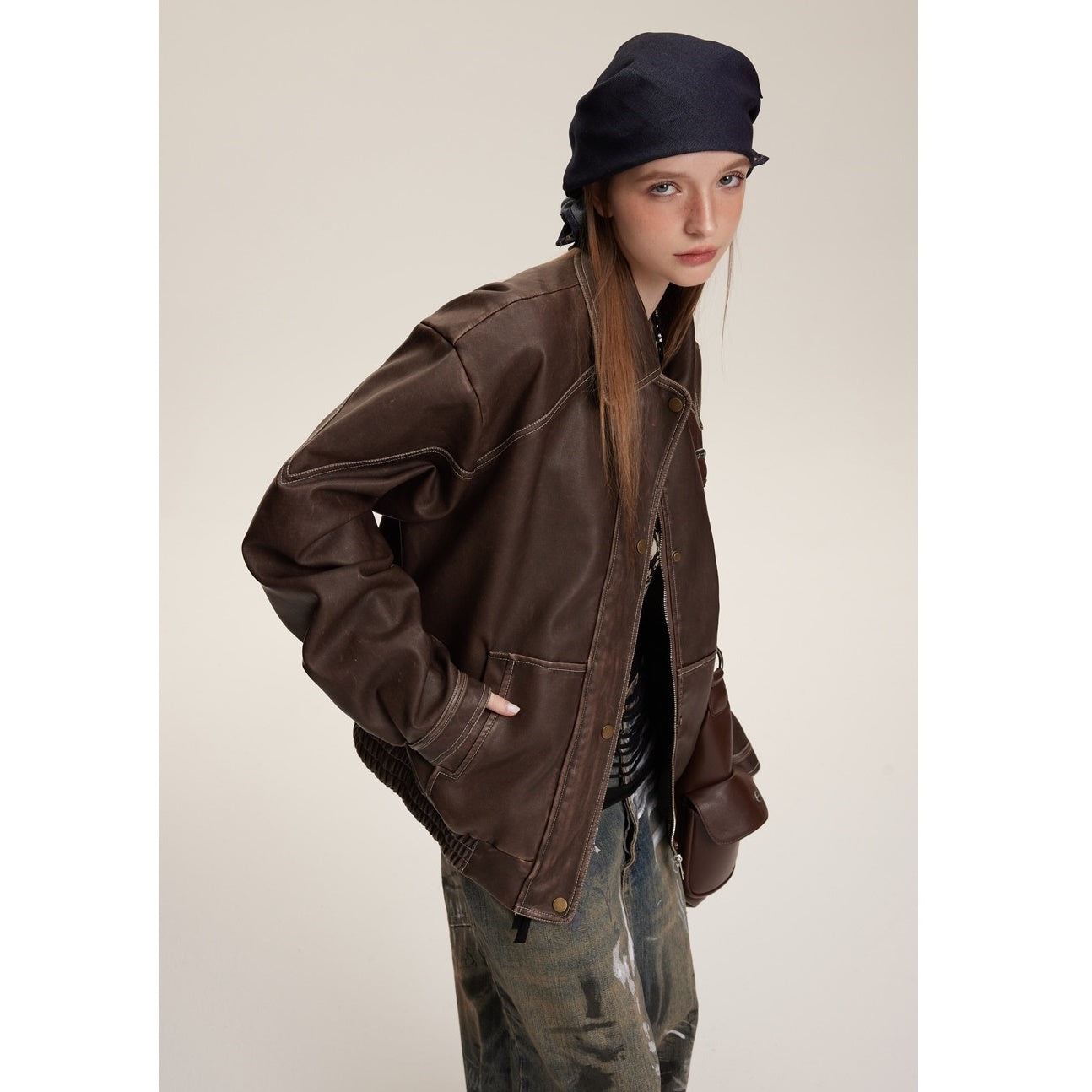 Loose Motorcycle Stitch PU Leather Jacket MW9579