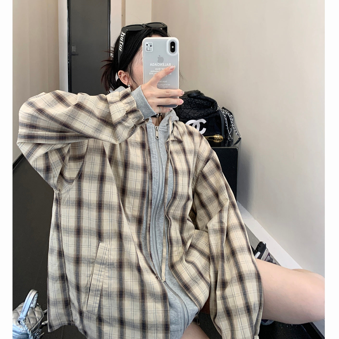 Plaid Fake Layered Sweat Hooded Shirts MW9305