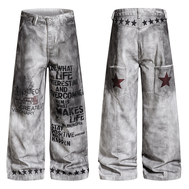 Stained Letter Star Graffiti Print Wide-leg Pants MW10355