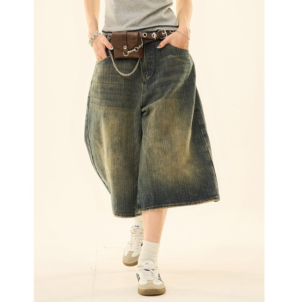 Vintage Wash Distressed Denim Wide-leg Cropped Pants MW9267