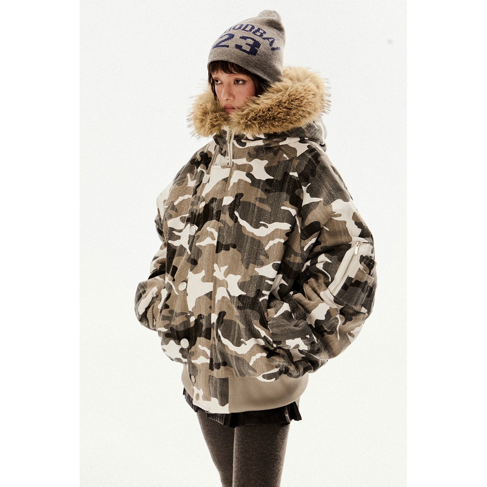 Fur Collar Hooded Camouflage Zipper Jacket EZ194