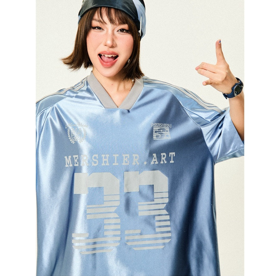 Loose V-Neck Sports Style Shiny T-Shirt YS7003