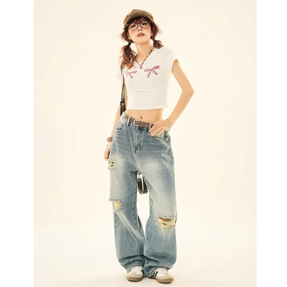 Elasticated Waist Ripped Loose Straight Jeans MW9214