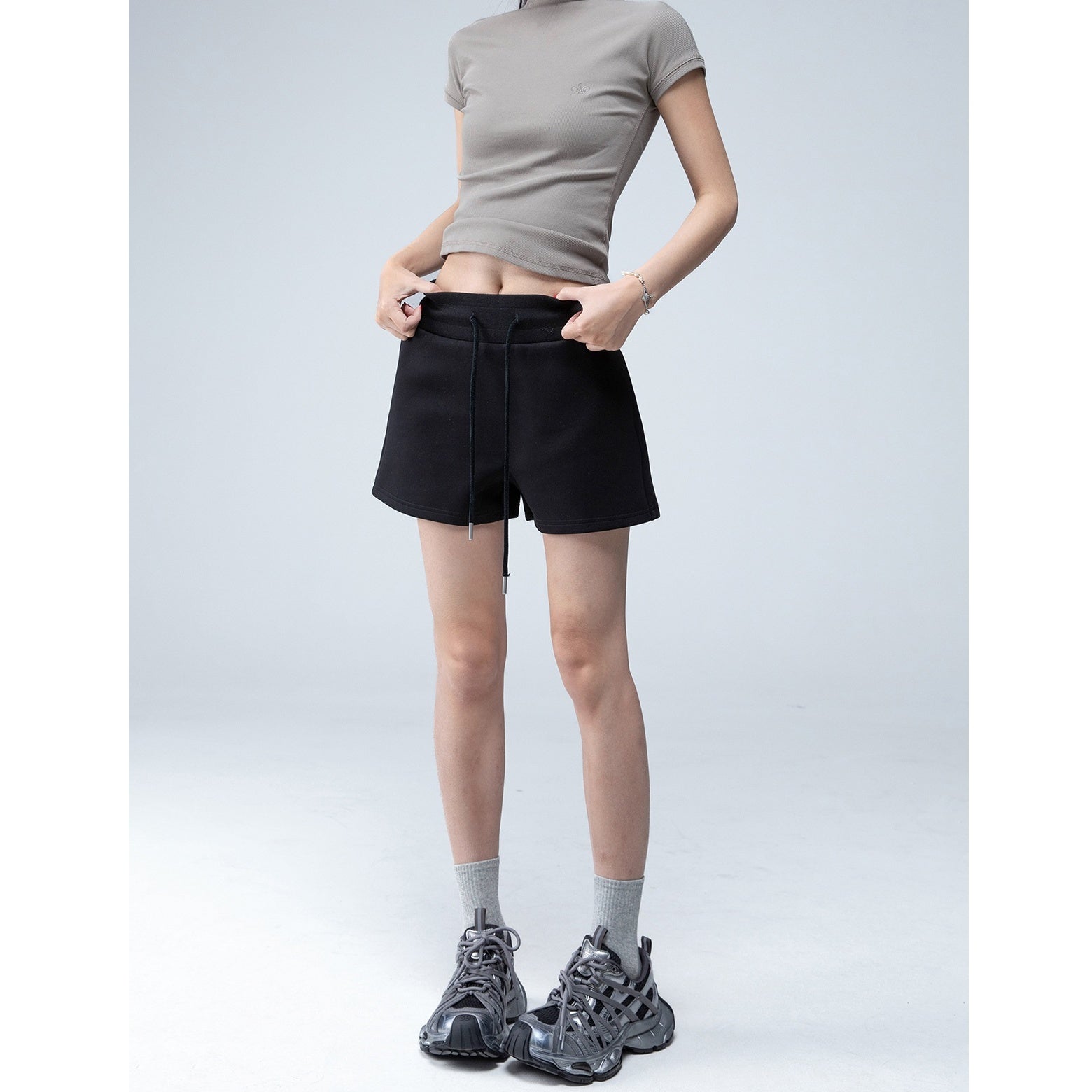 Drawstring High Waist Sweat Short Pants IC9037