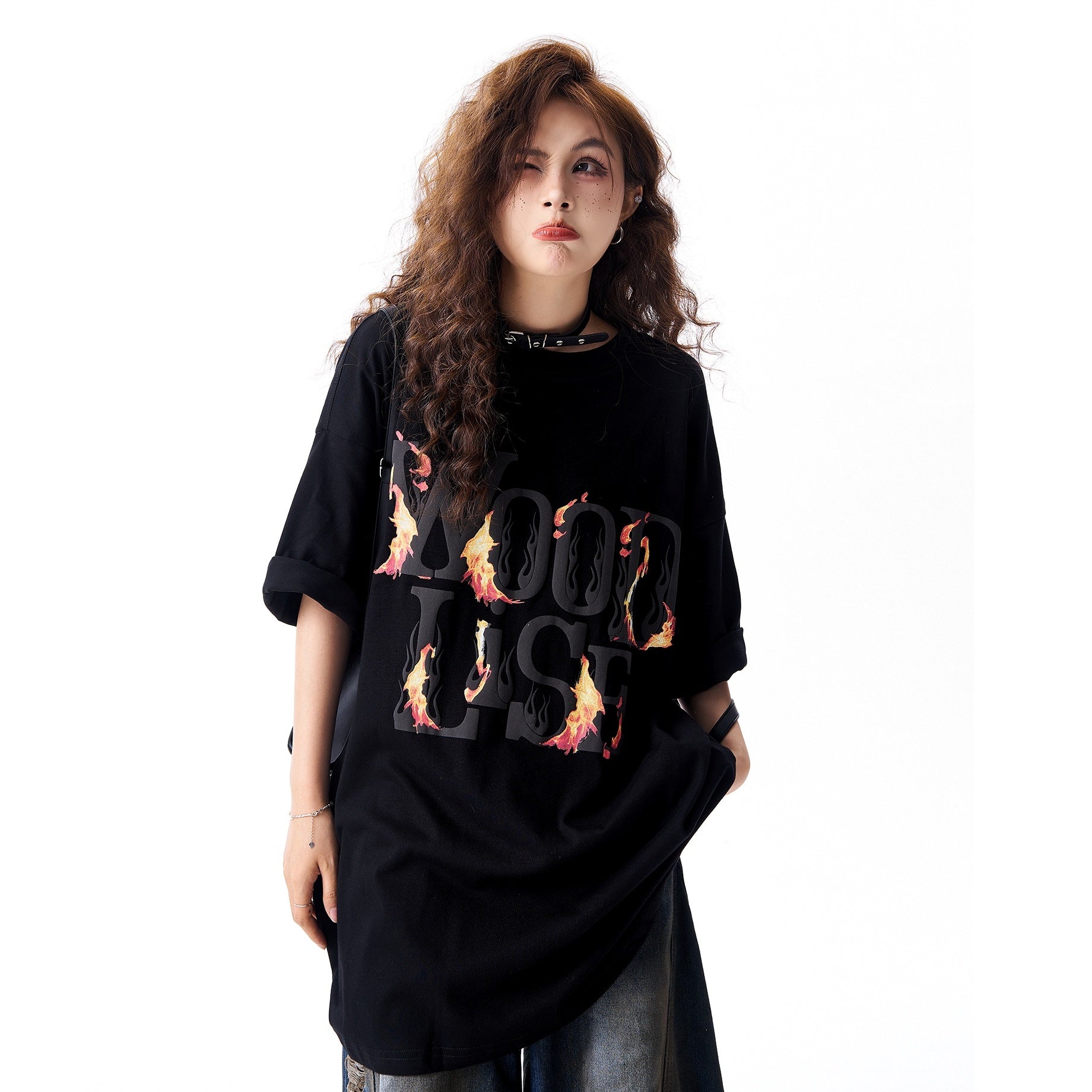 Fire Logo Foam Print Loose T-Shirt HG7168