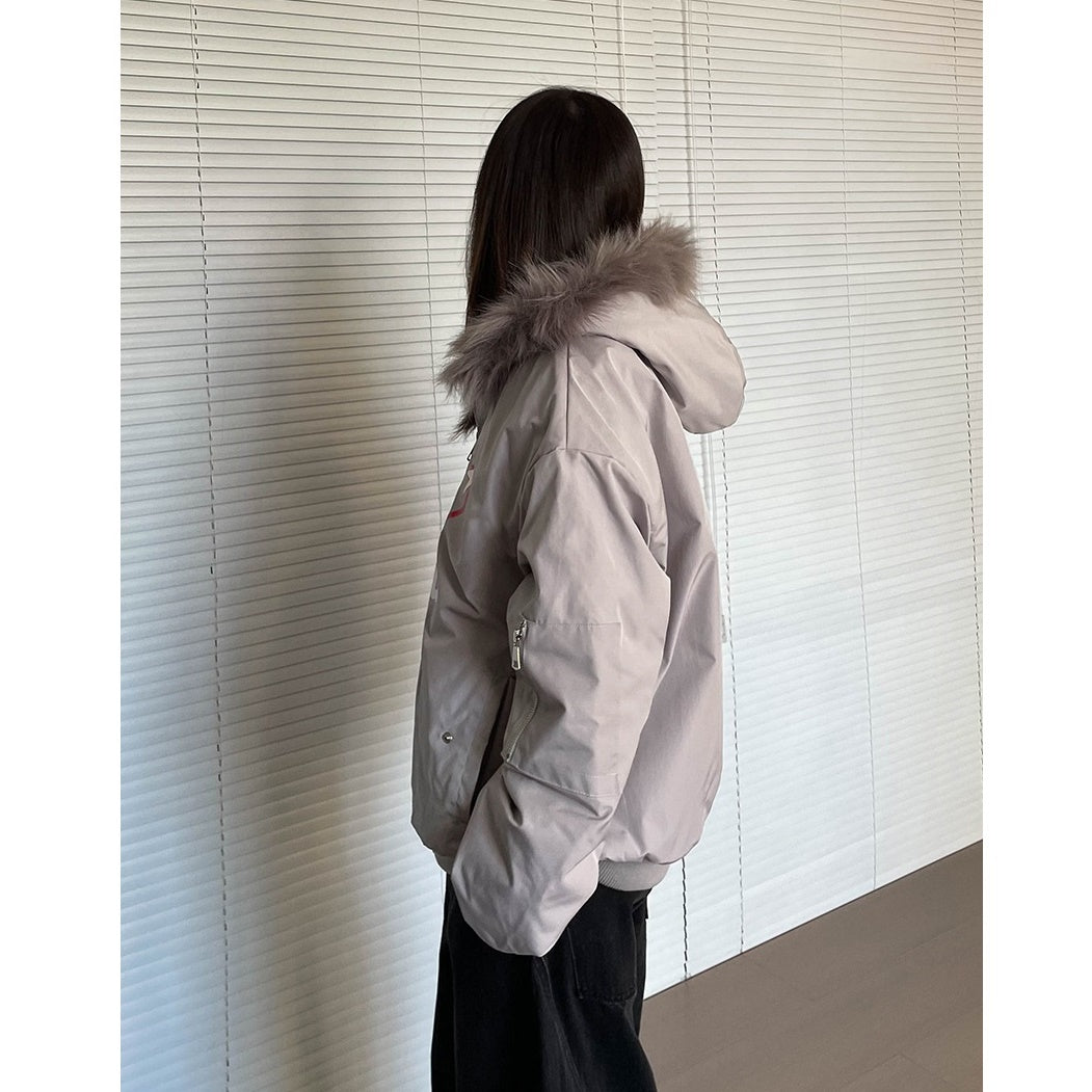 Monogram Print Fur Collar Hooded Jacket MW9797