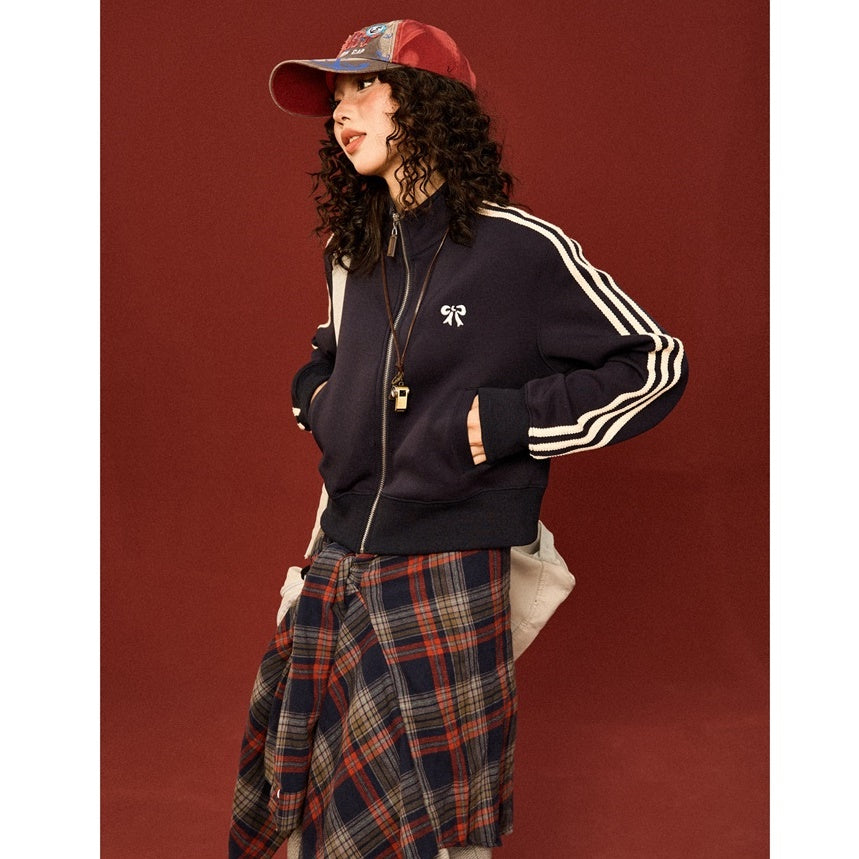 Retro College Bow Embroidery Cropped Track Jacket MW9430