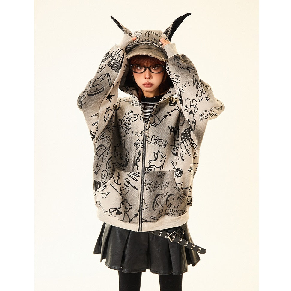 Doberman Ear Hooded Graphic Print Zip-Up Parka MW9701