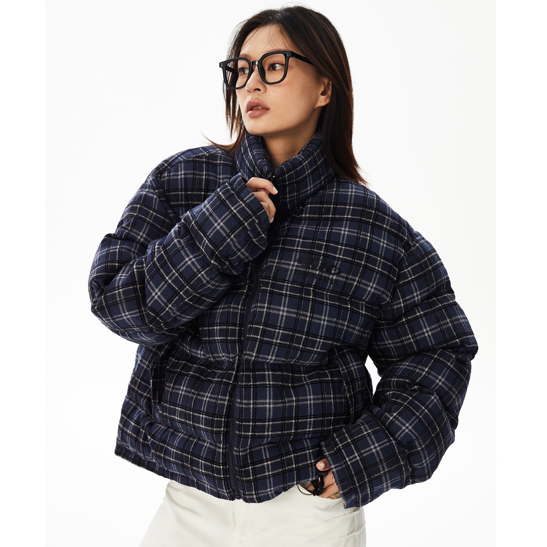 Plaid Reversible Stand Collar Padded Short Jacket MW9623