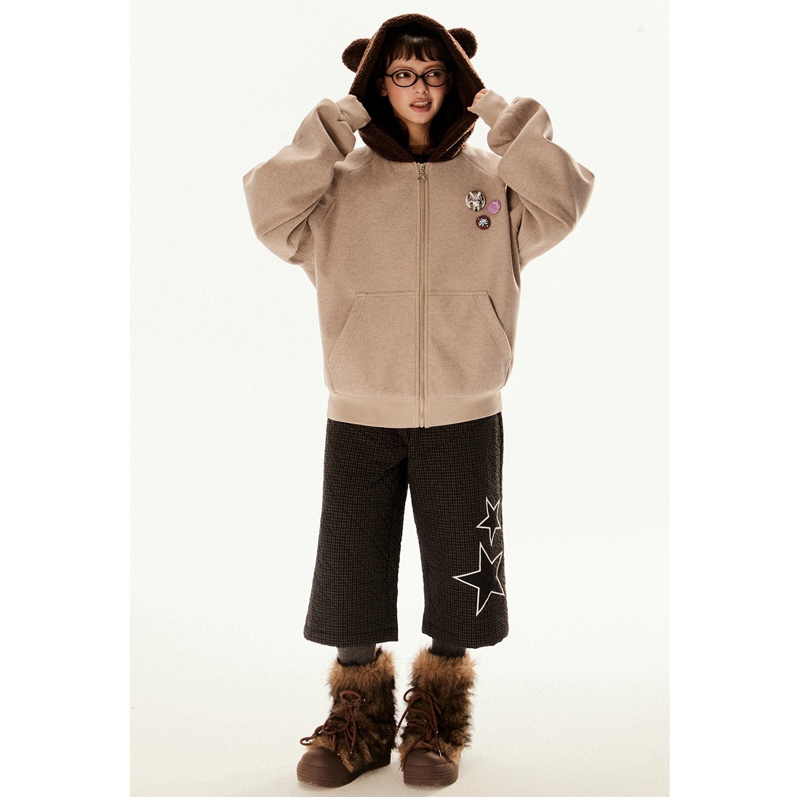 Raglan Sleeve Bear Design Hooded Zipper Jacket EZ196