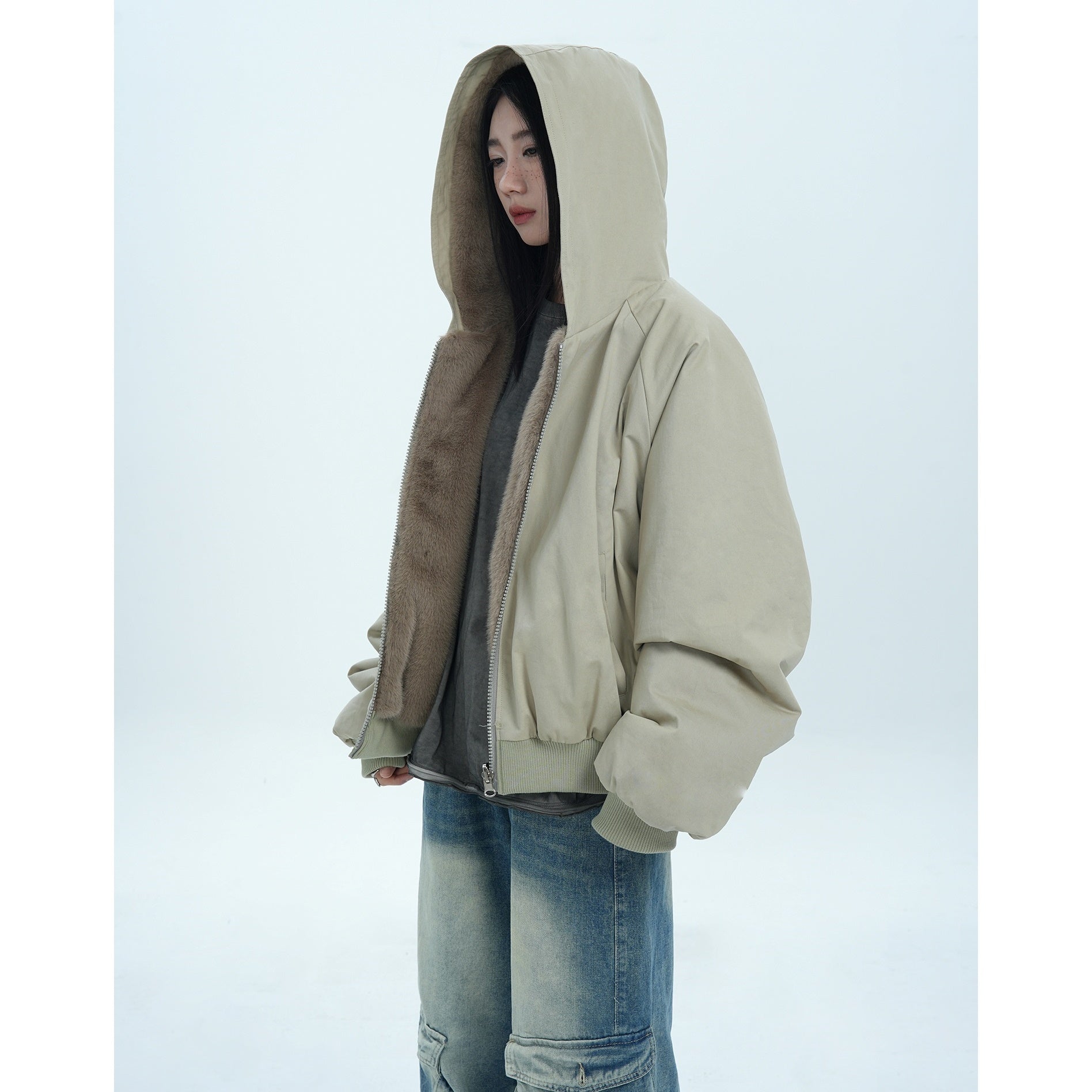 Fur Liner Washed Zip Hooded Jacket MW9671