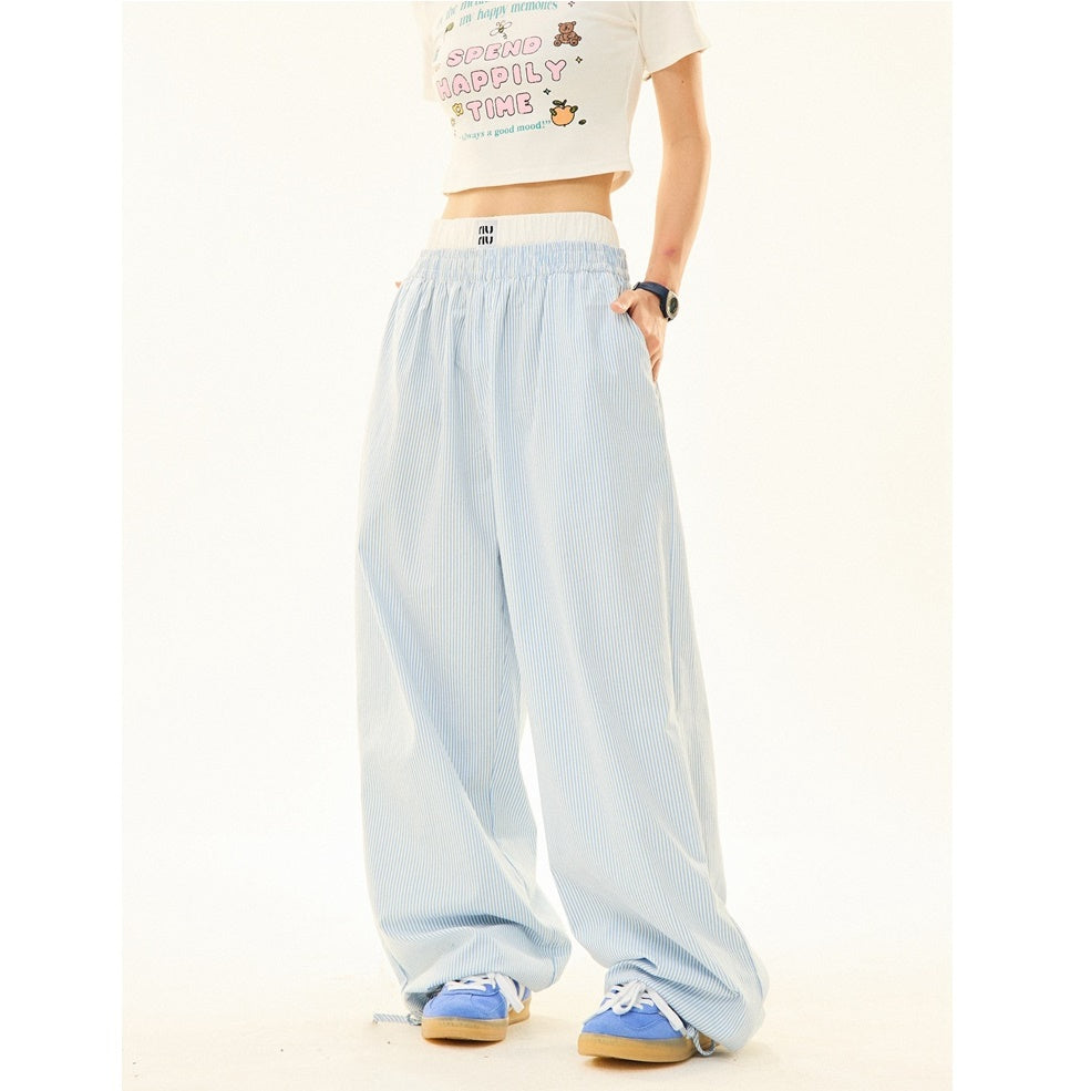 Double Waist Striped Wide-legged Long ＆ Short Pants MW9269