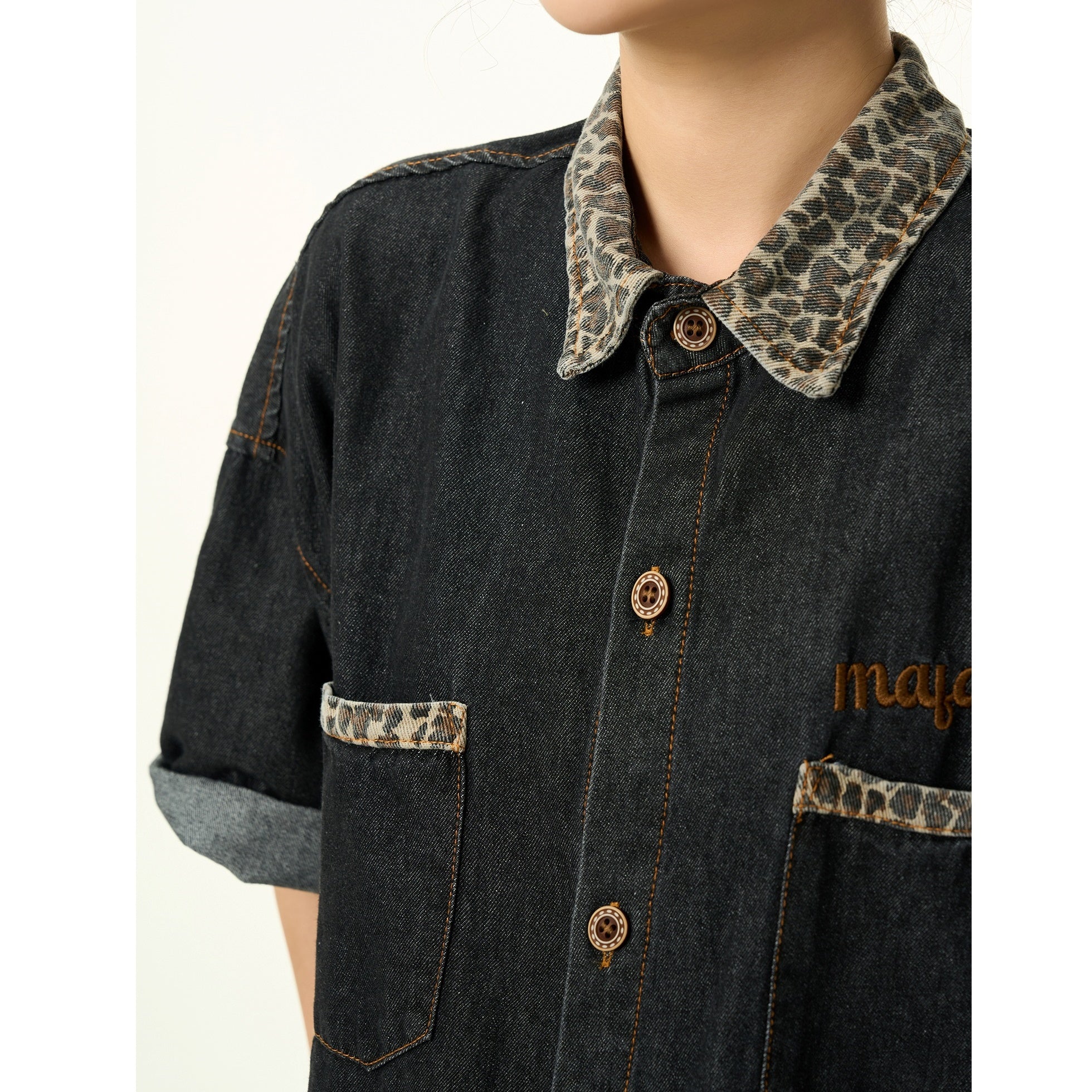 Leopard Print Panel Denim Short Sleeve Shirt HG7172