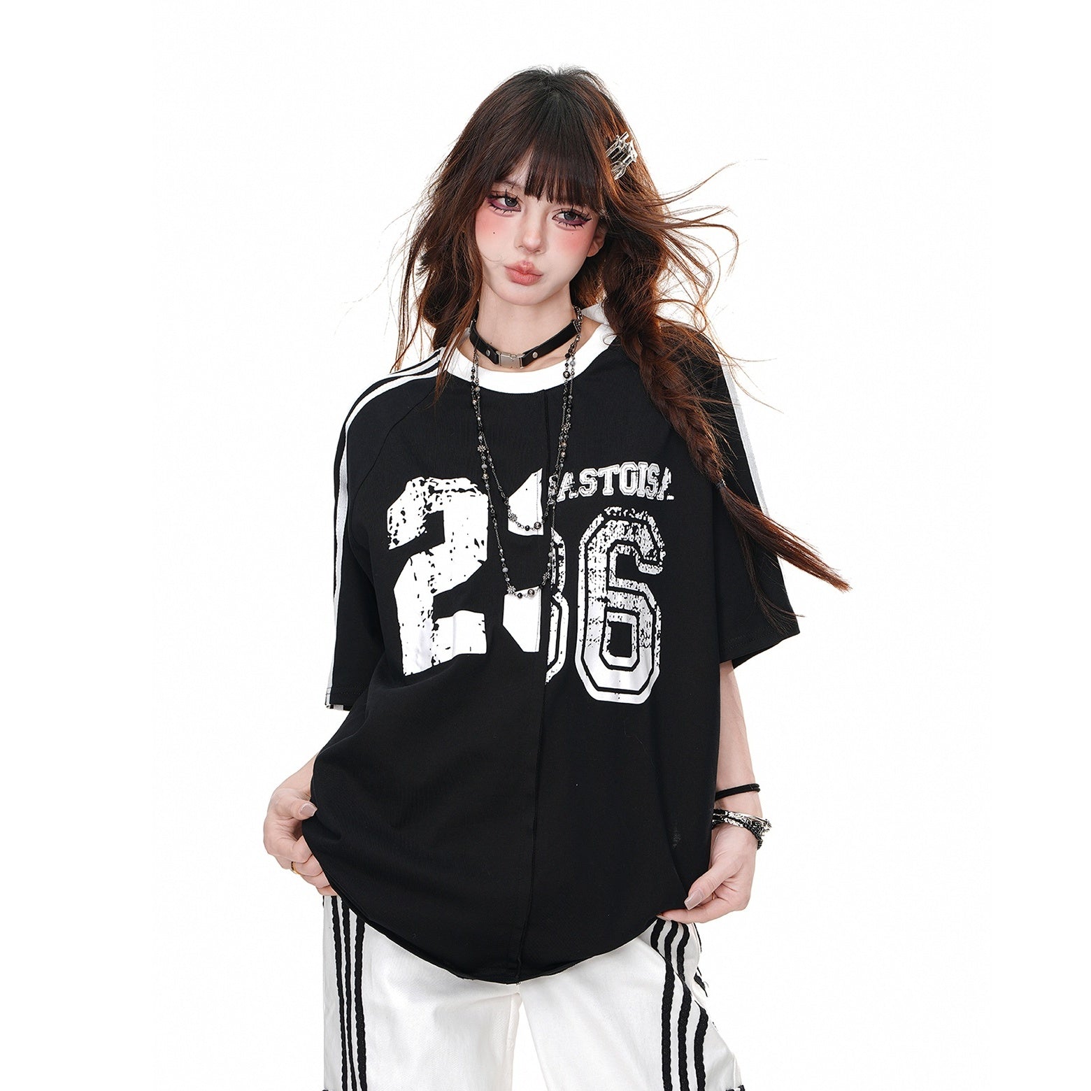 Line Sleeve Switching  Sports T-shirt KK2057
