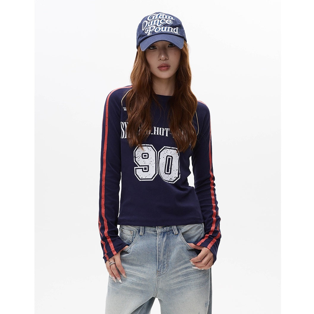 Letter Print Long Sleeve Line Slim T-shirt MW9279