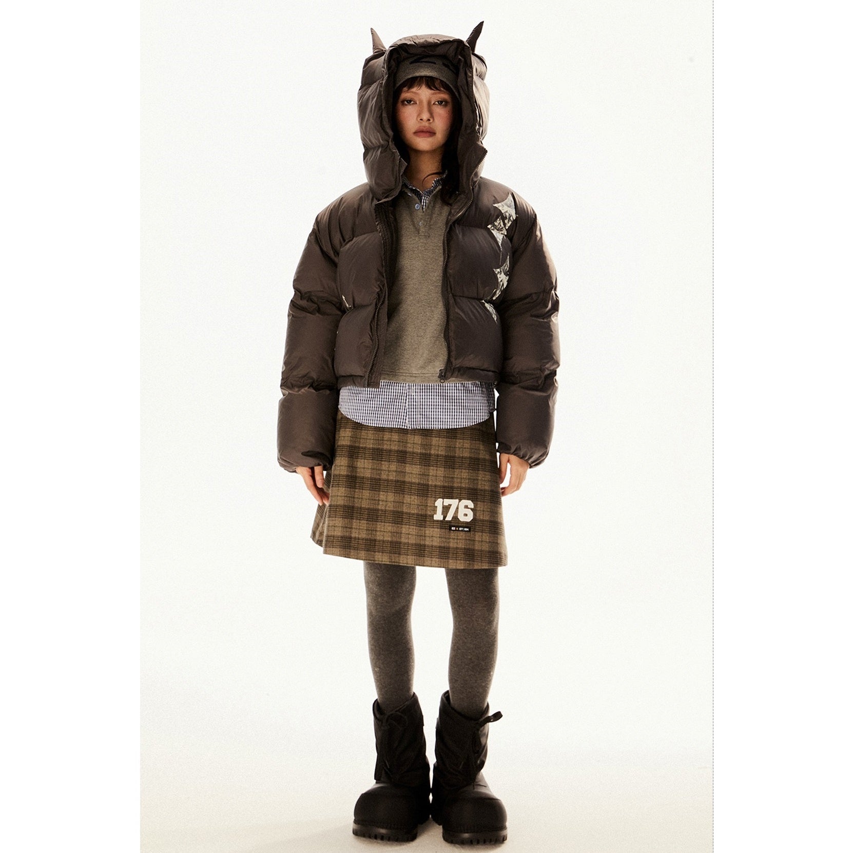 Horn Hooded Print Short Padded Jacket EZ215