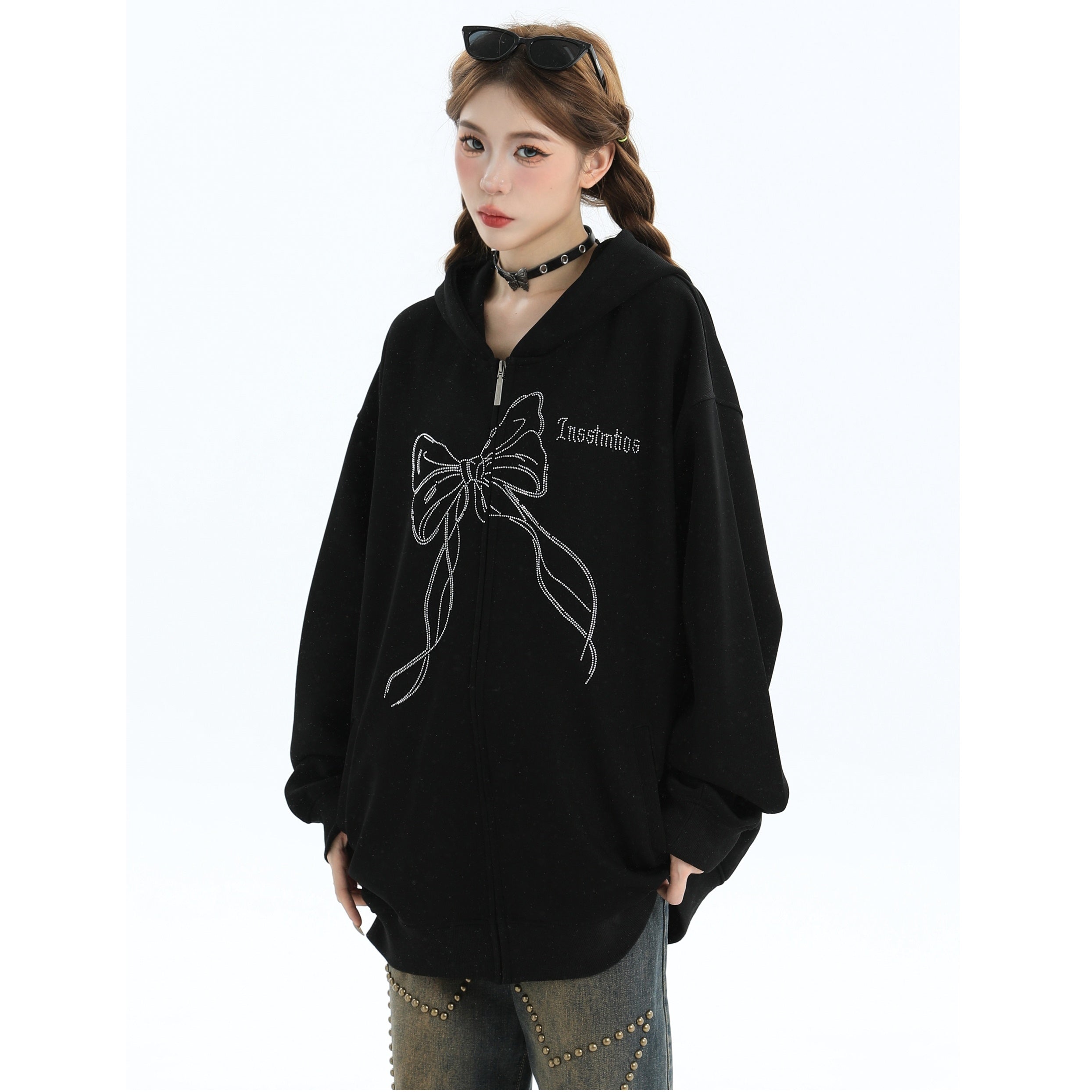 Rhinestone Bow Logo Loose Hooded Zip Parka IN7012