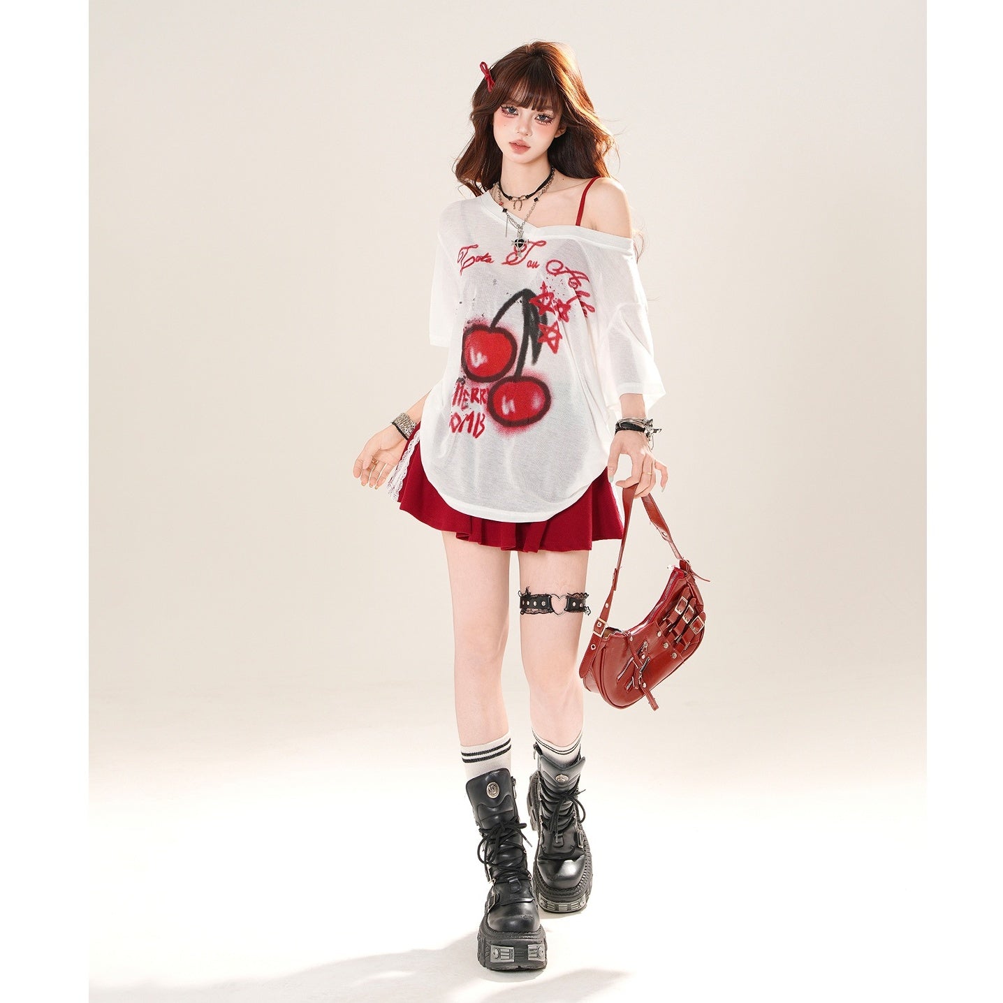 Cherry Print Loose Slanted Shoulder T-Shirt KK2035