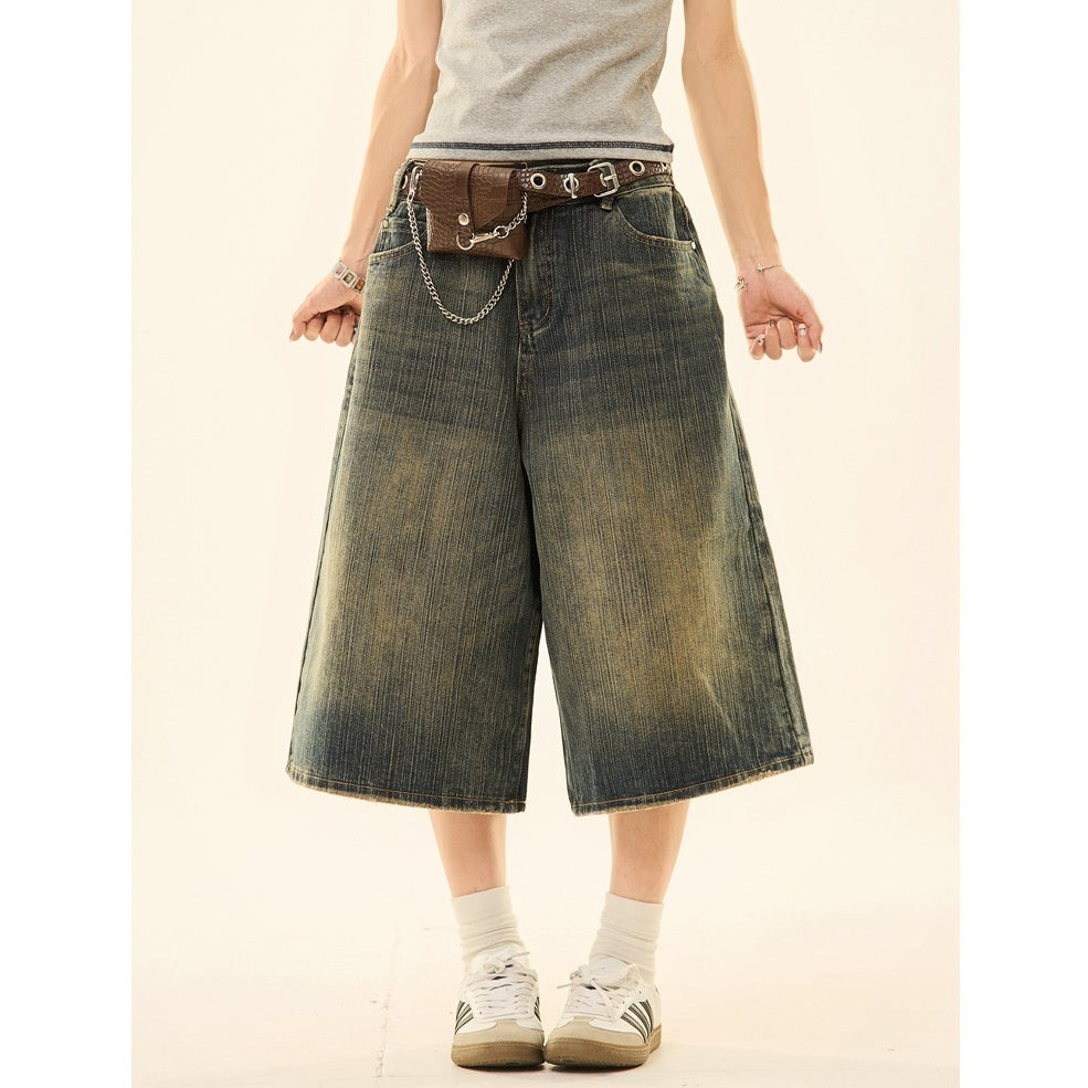 Vintage Wash Distressed Denim Wide-leg Cropped Pants MW9267