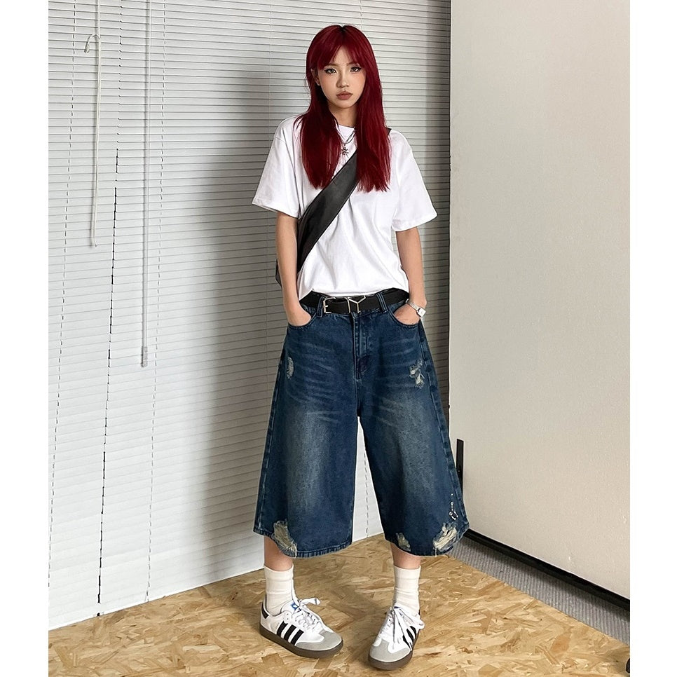 Frayed Design Denim Cropped Loose Short Pants