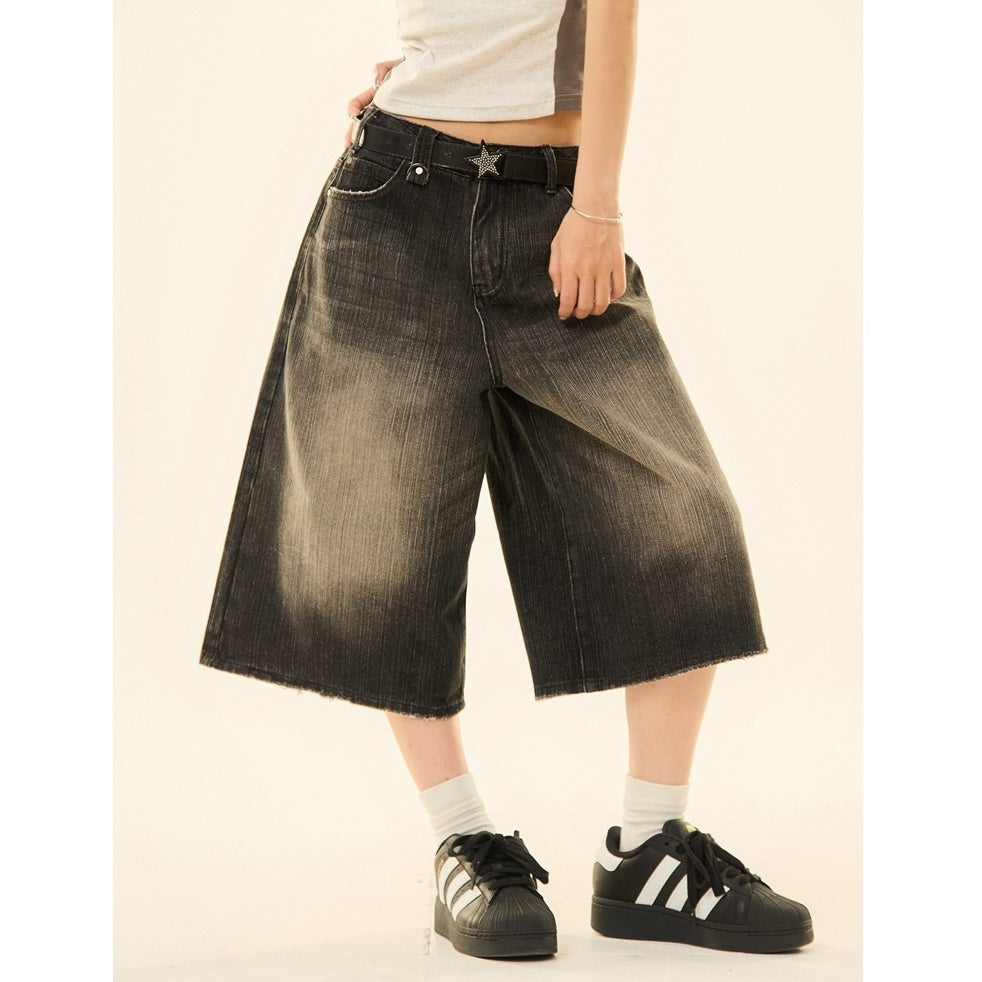 Vintage Wash Distressed Denim Wide-leg Cropped Pants MW9267