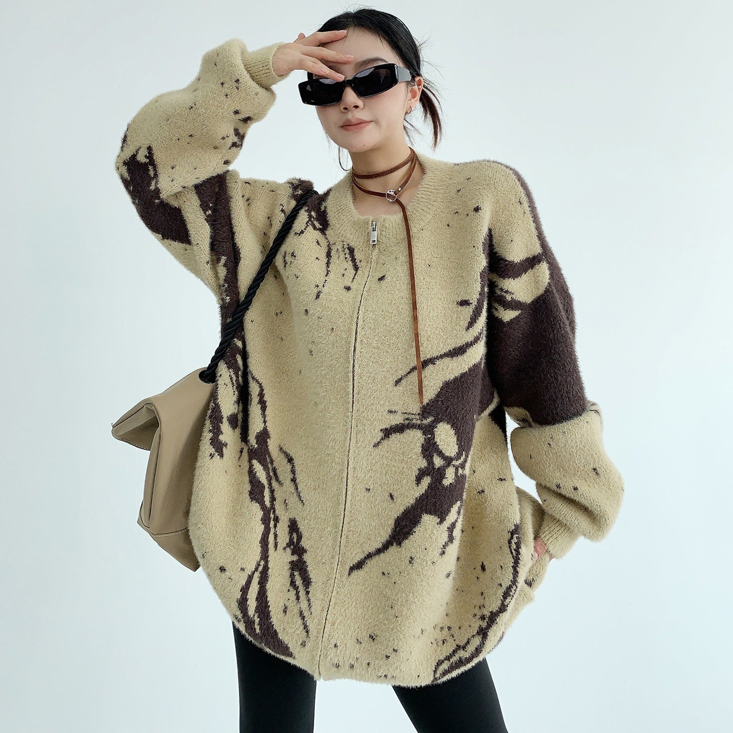 Round Neck Marble Design Loose Knitted Jacket MW9509