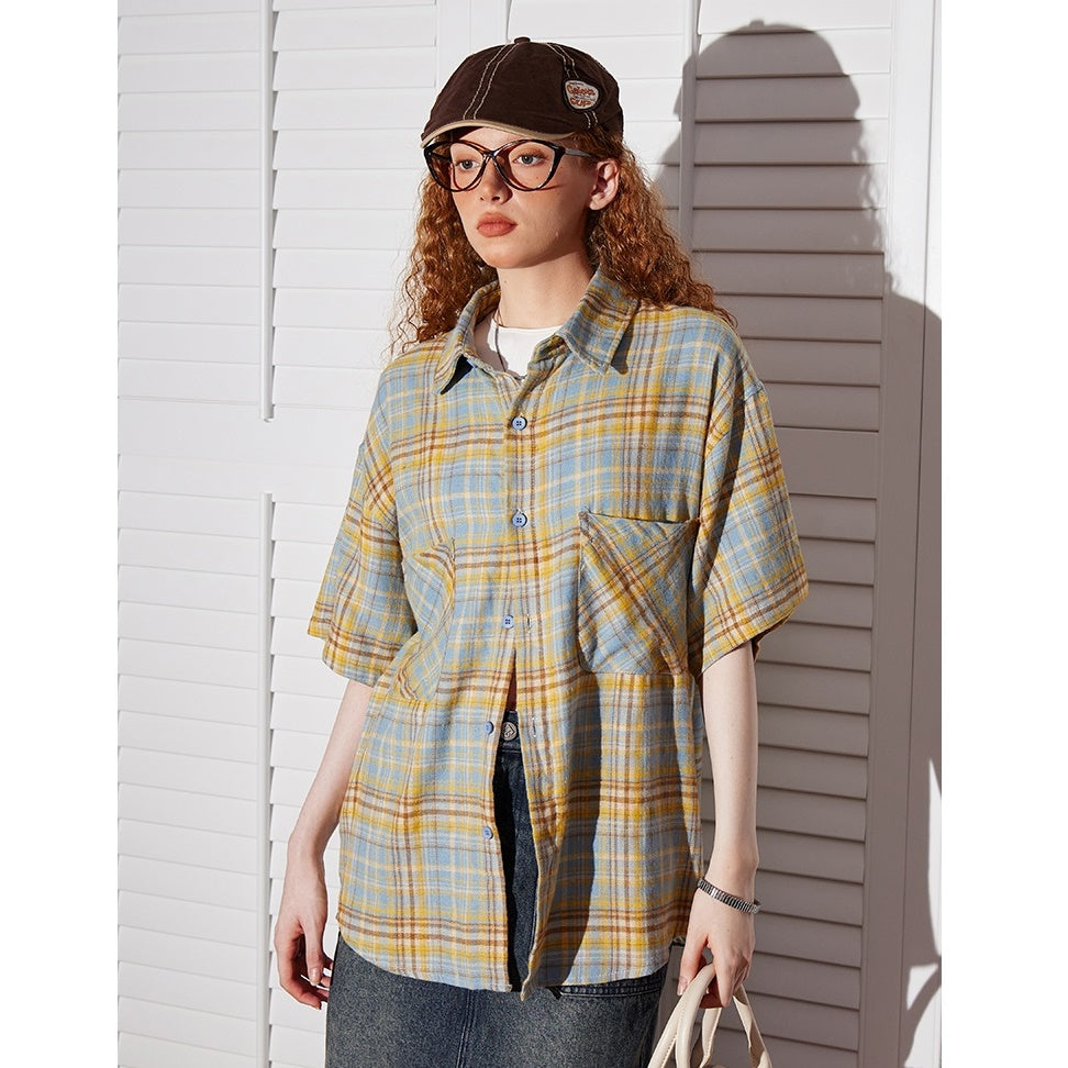 Retro Plaid Double Pocket Short Sleeve Shirt BT7012