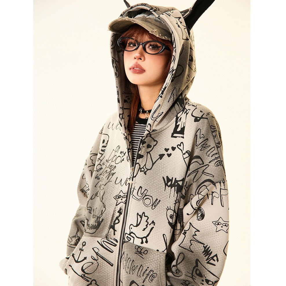 Doberman Ear Hooded Graphic Print Zip-Up Parka MW9701