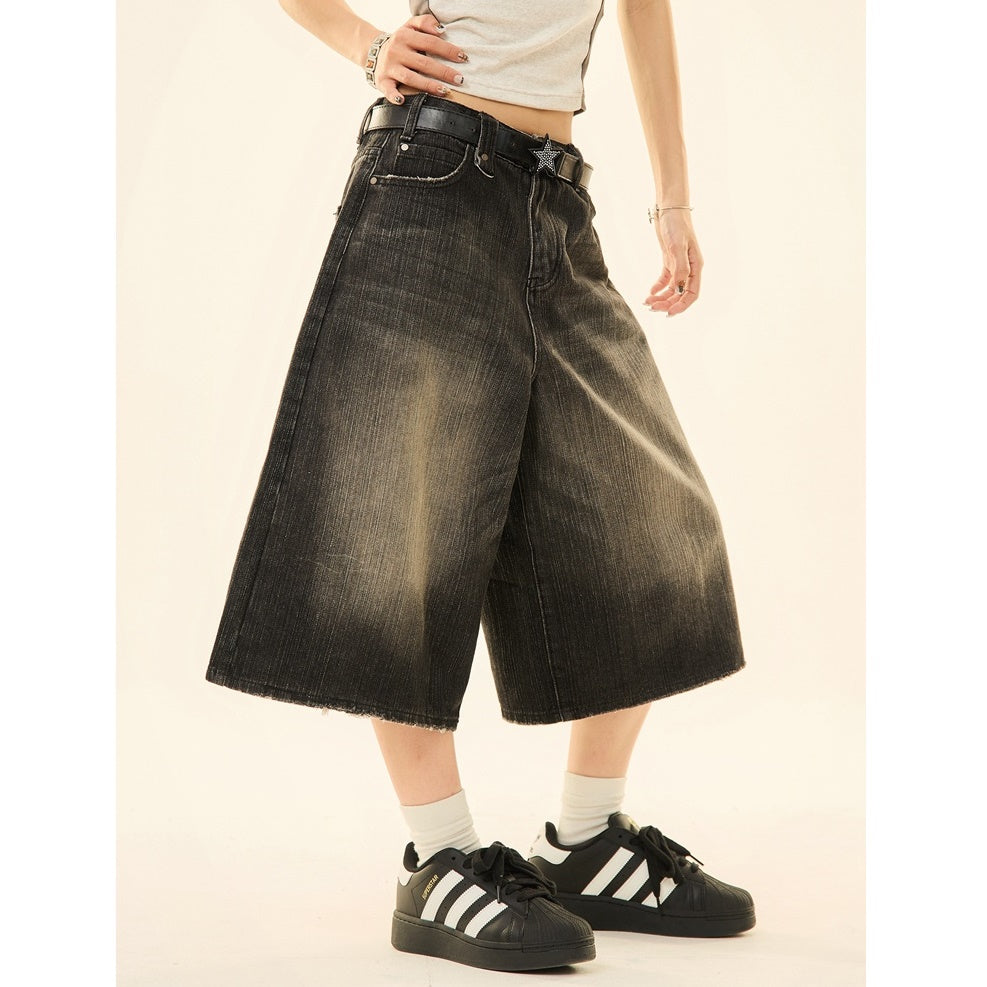 Vintage Wash Distressed Denim Wide-leg Cropped Pants MW9267