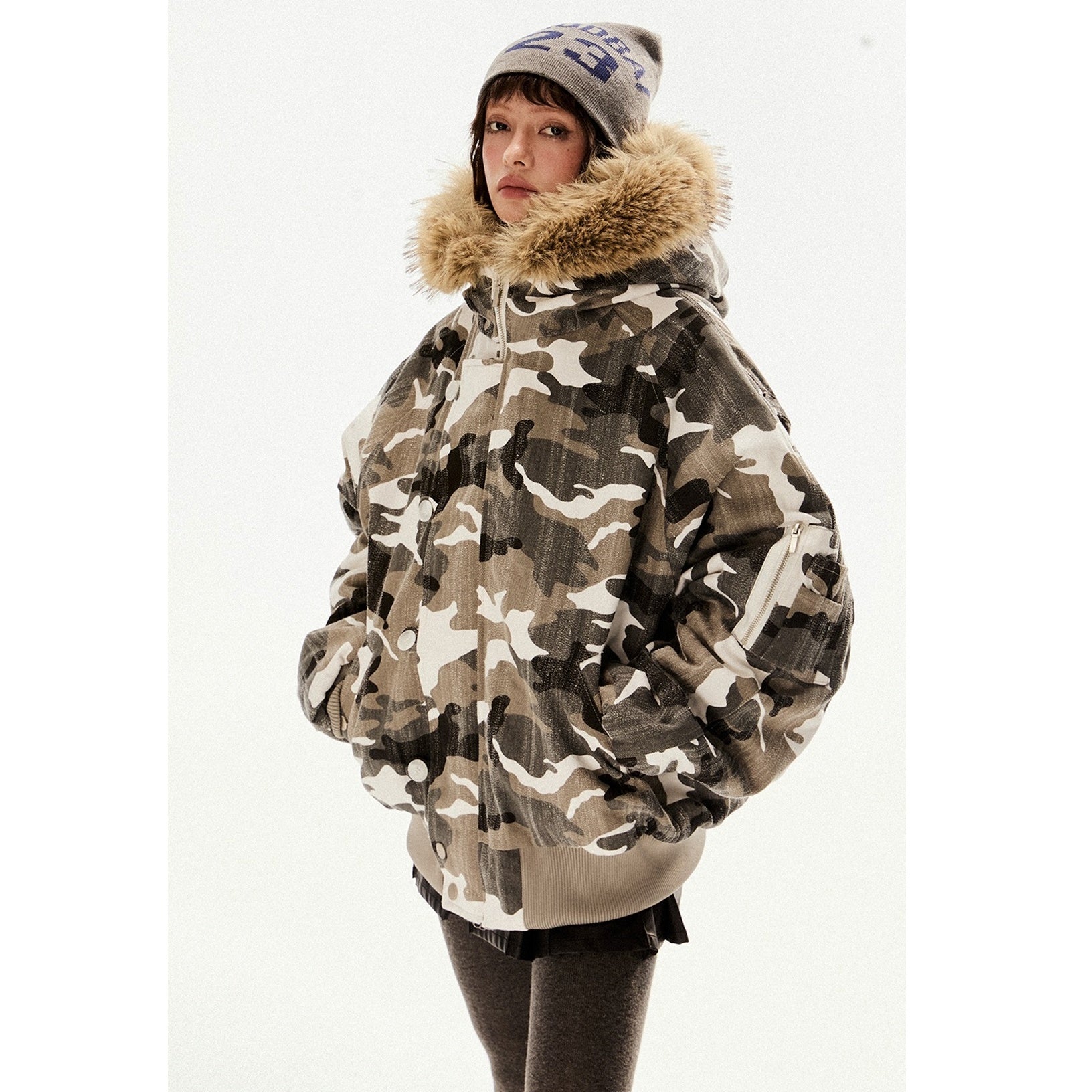 Fur Collar Hooded Camouflage Zipper Jacket EZ194