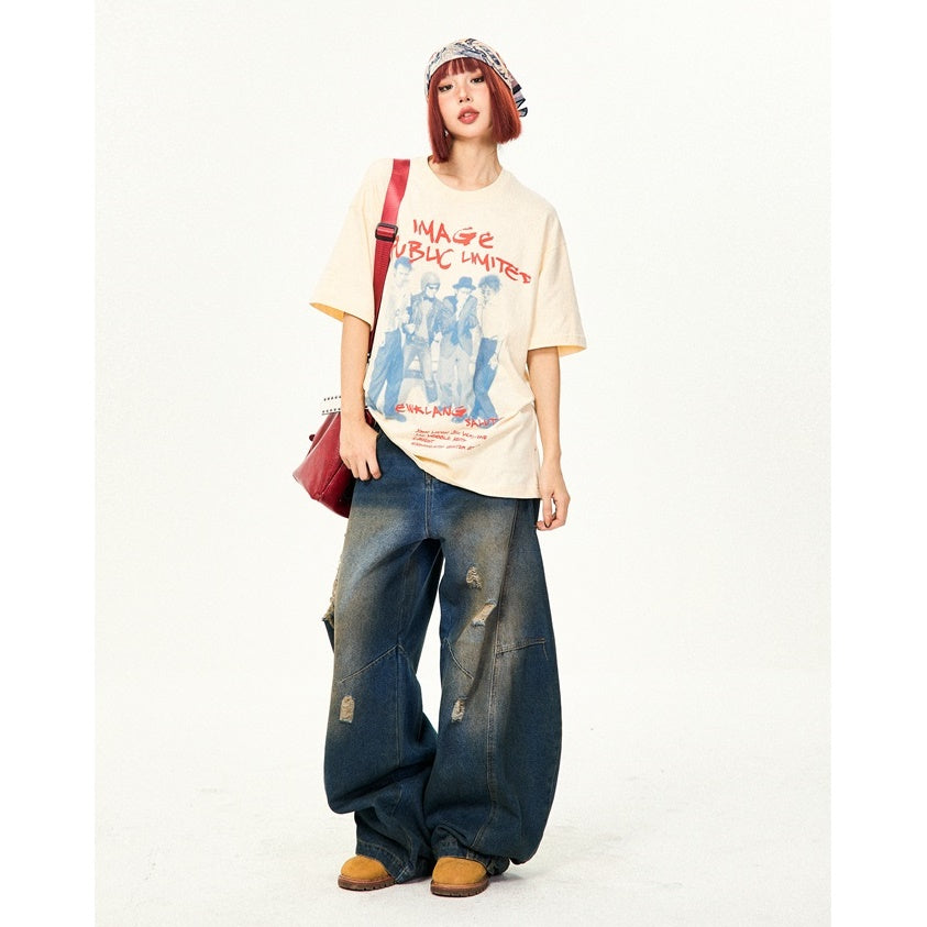 Retro Washed Ripped Stitch Design Loose Jeans YS7007