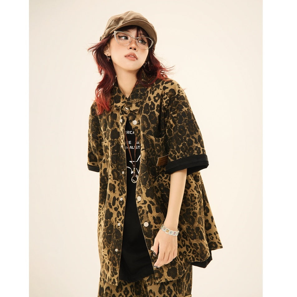 Vintage Leopard Print Short Sleeve Shirt MW9268