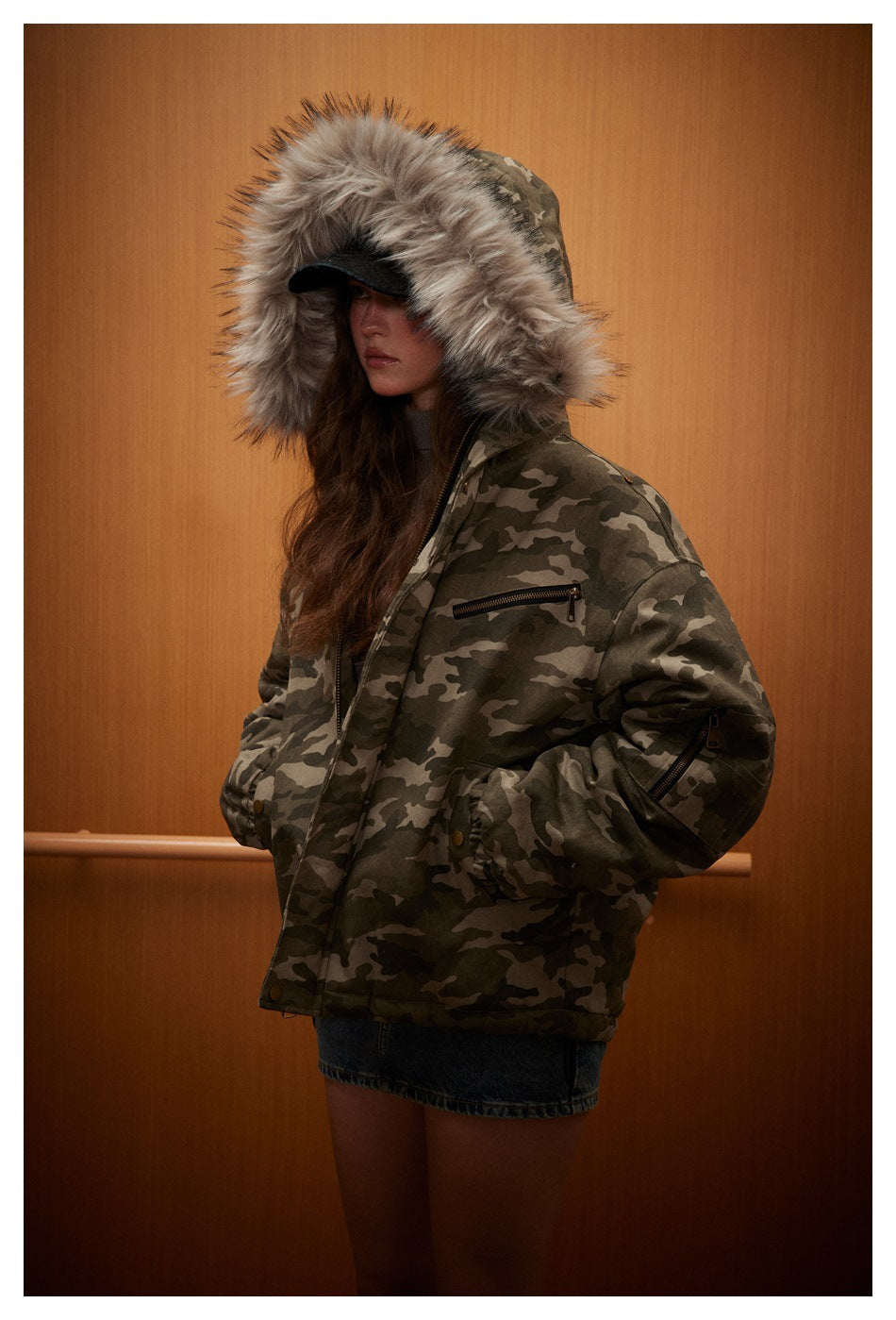 Military Style Camouflage Fur Collar Hooded Jacket EZ205