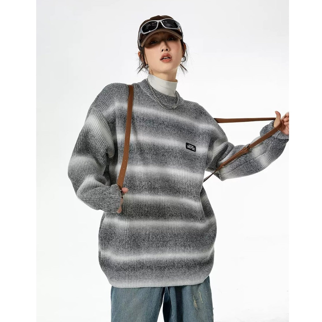 Gradation Border Crew Neck Loose Sweater MW9523