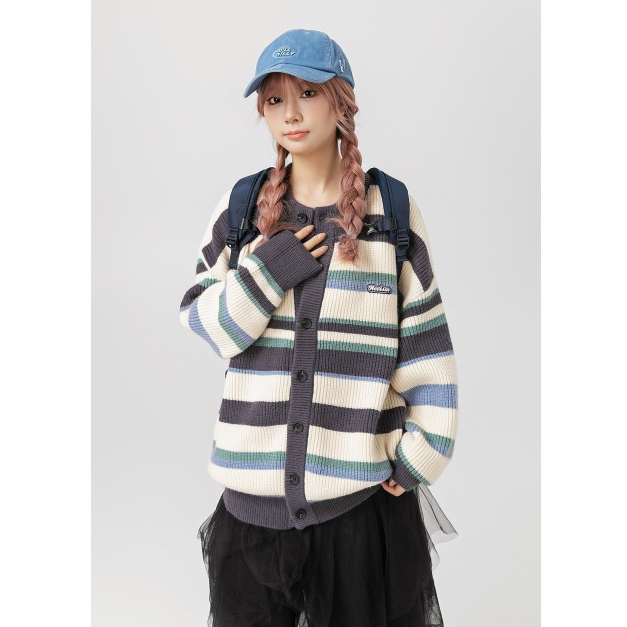 College Style Multi Border Round Neck Knitted Cardigan MY8316