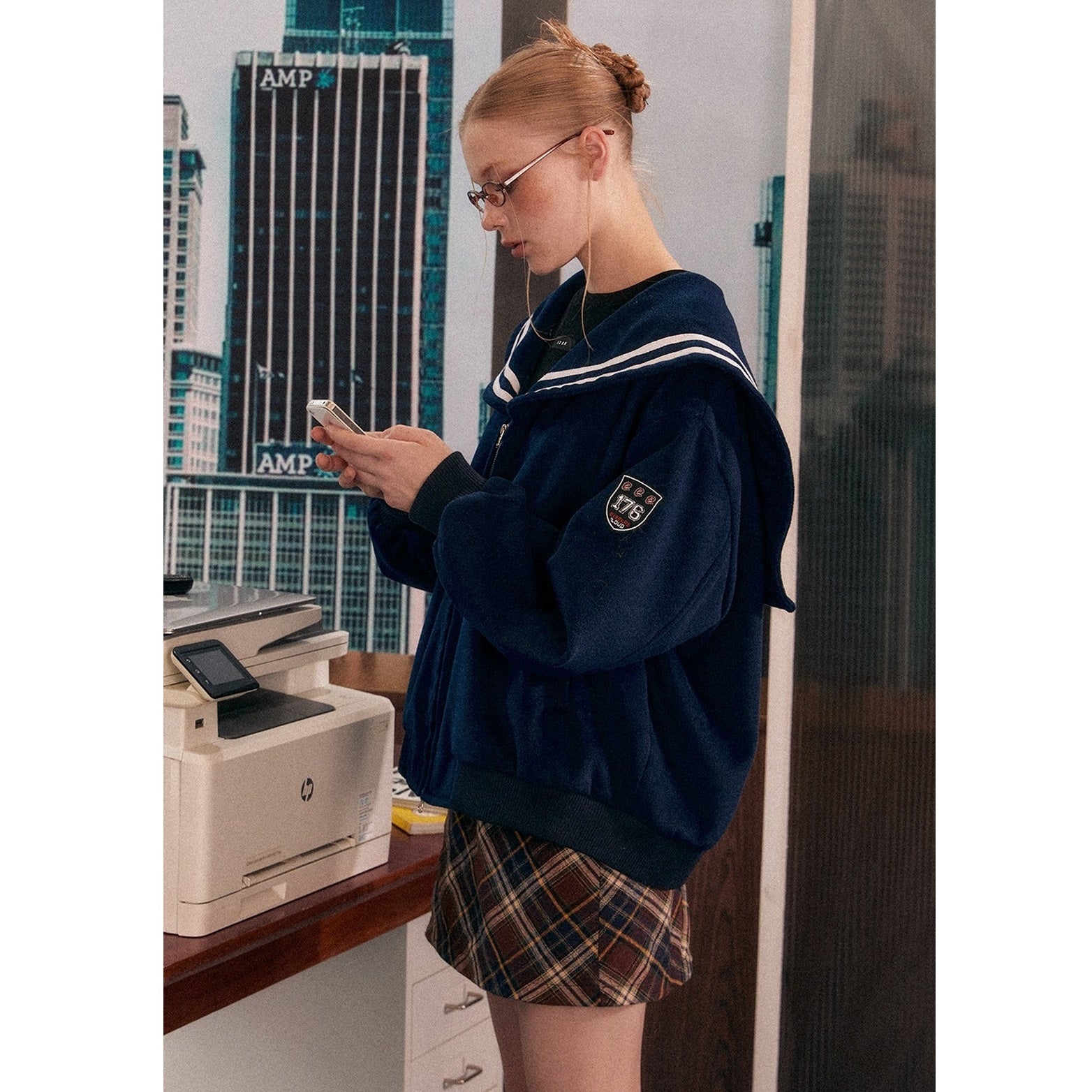 Retro Navy Collar Sweat Zip Jacket & Check Pleated Skirt EZ163