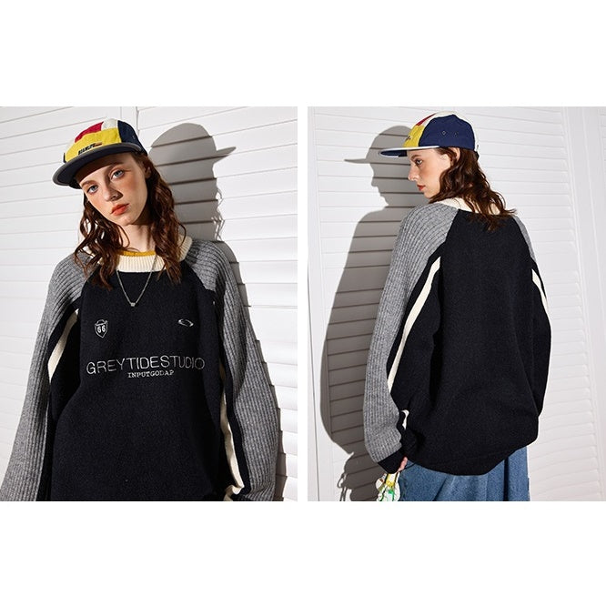 Color Stitching Crew Neck Retro Sweater MW9471