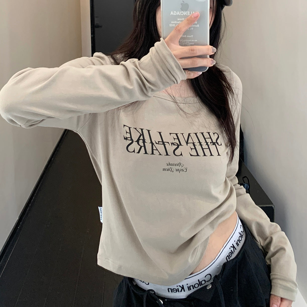 Slim Square Collar Letter Long T-shirt MW9311