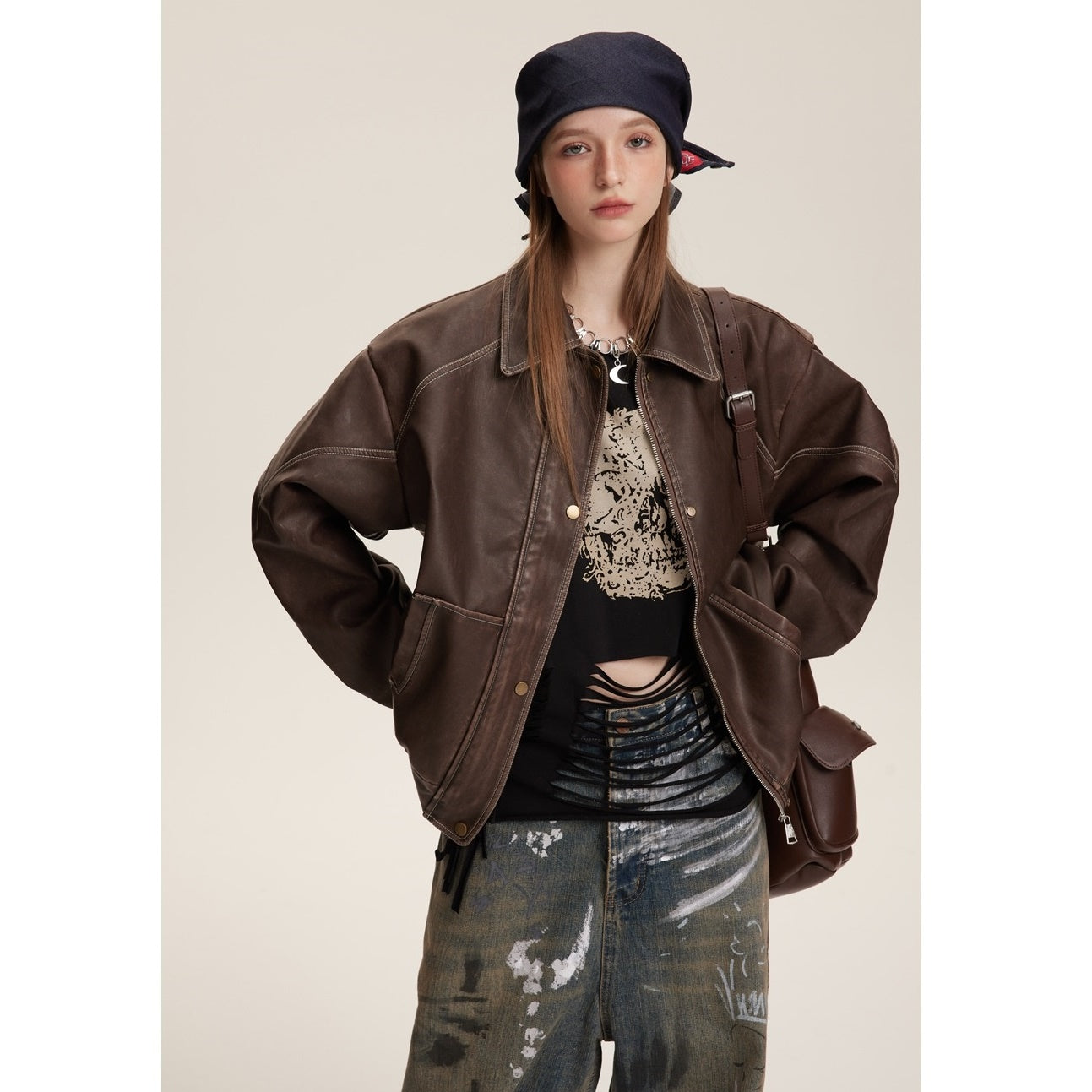 Loose Motorcycle Stitch PU Leather Jacket MW9579