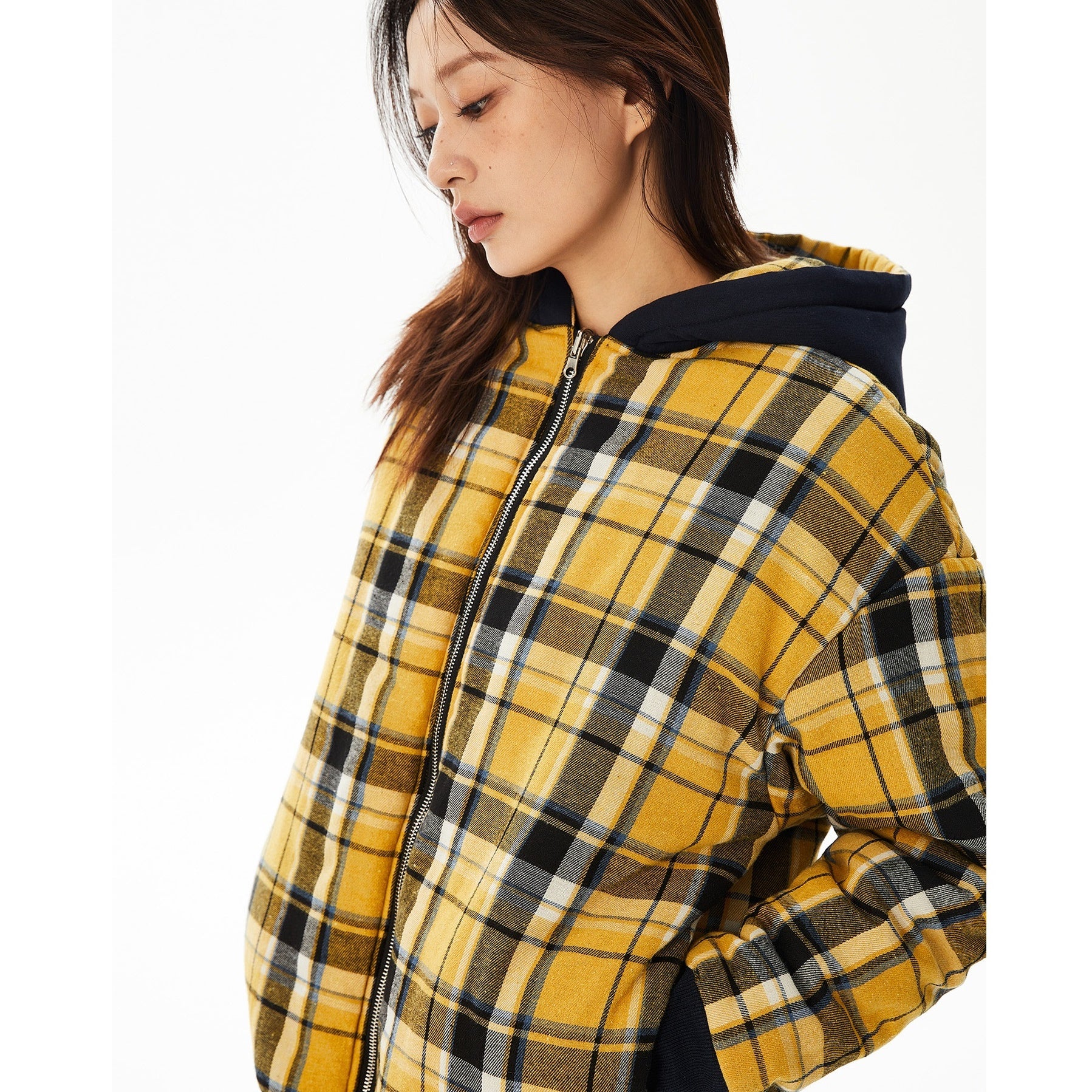 Reversible Plaid Hooded Zipper Jacket MW9732