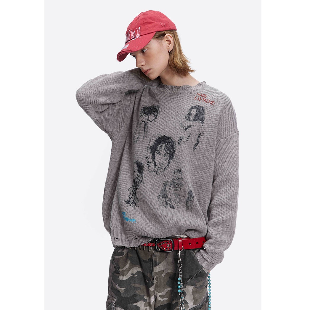 Sketch Print Art Design Loose Damage Sweater MW9617