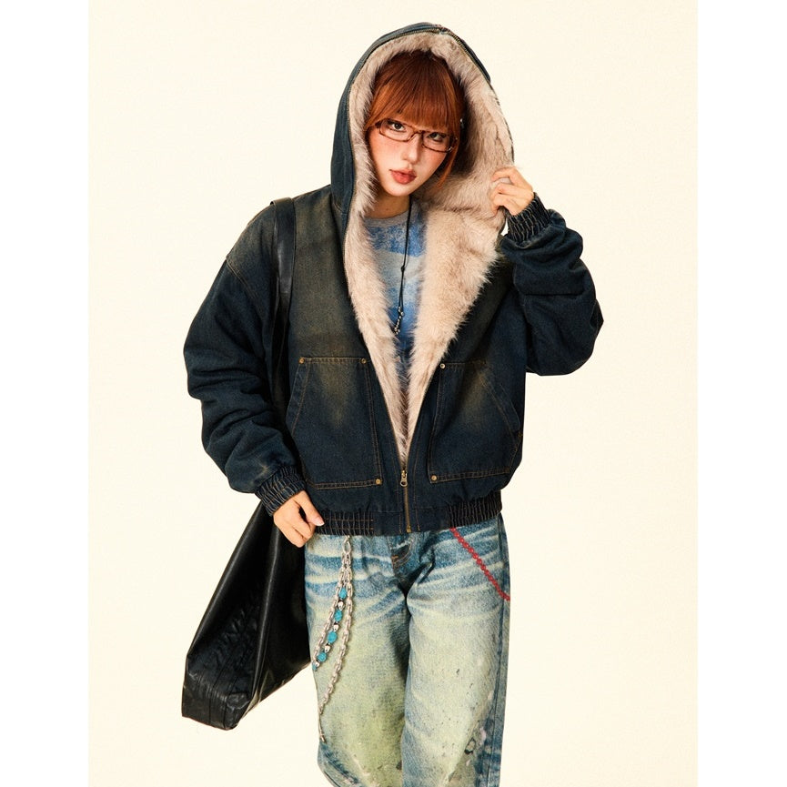 Fluffy Fur Denim Hooded Jacket MW9703