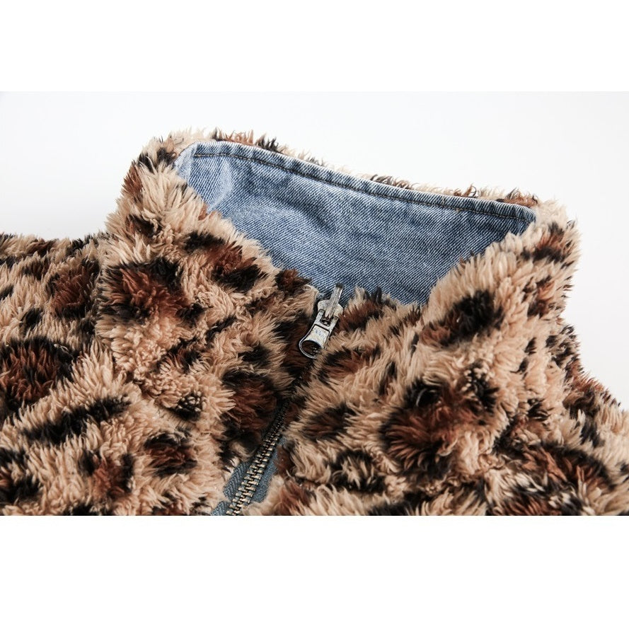 Reversible Leopard Print Stitched Denim Jacket MW9576