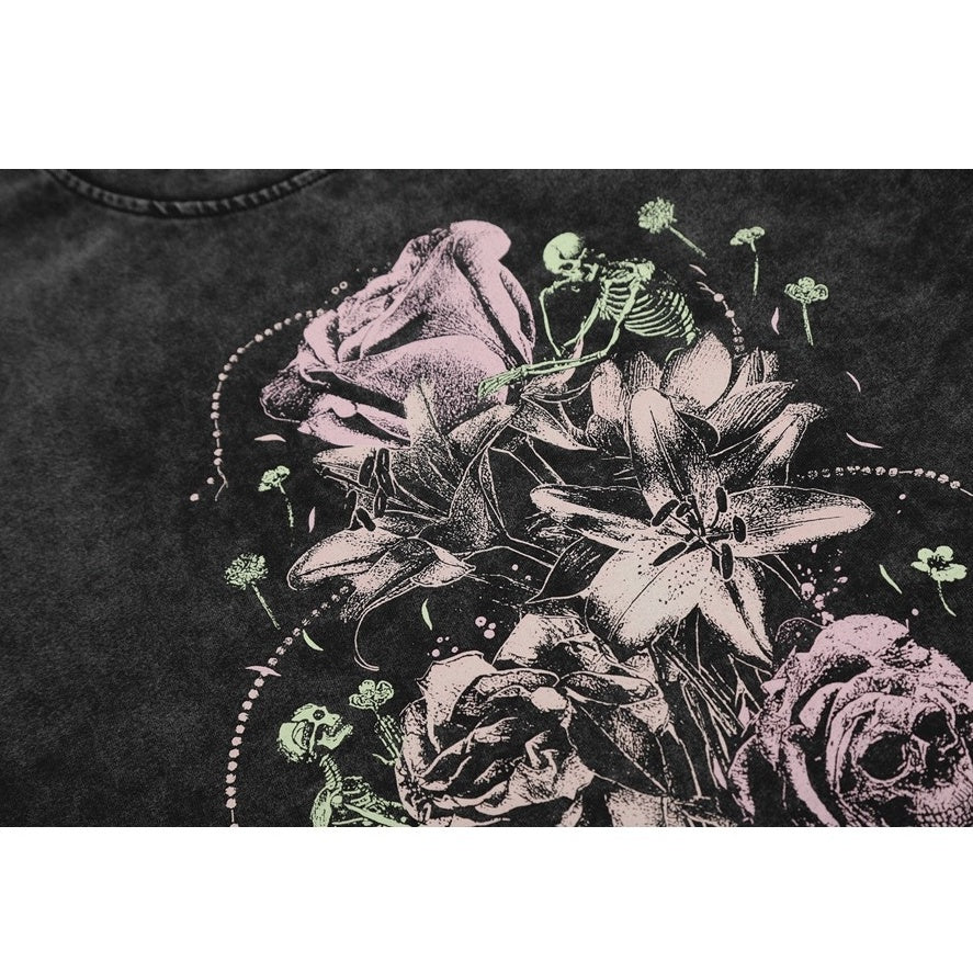 Skull Rose Print Wash Loose T-shirt MW9951