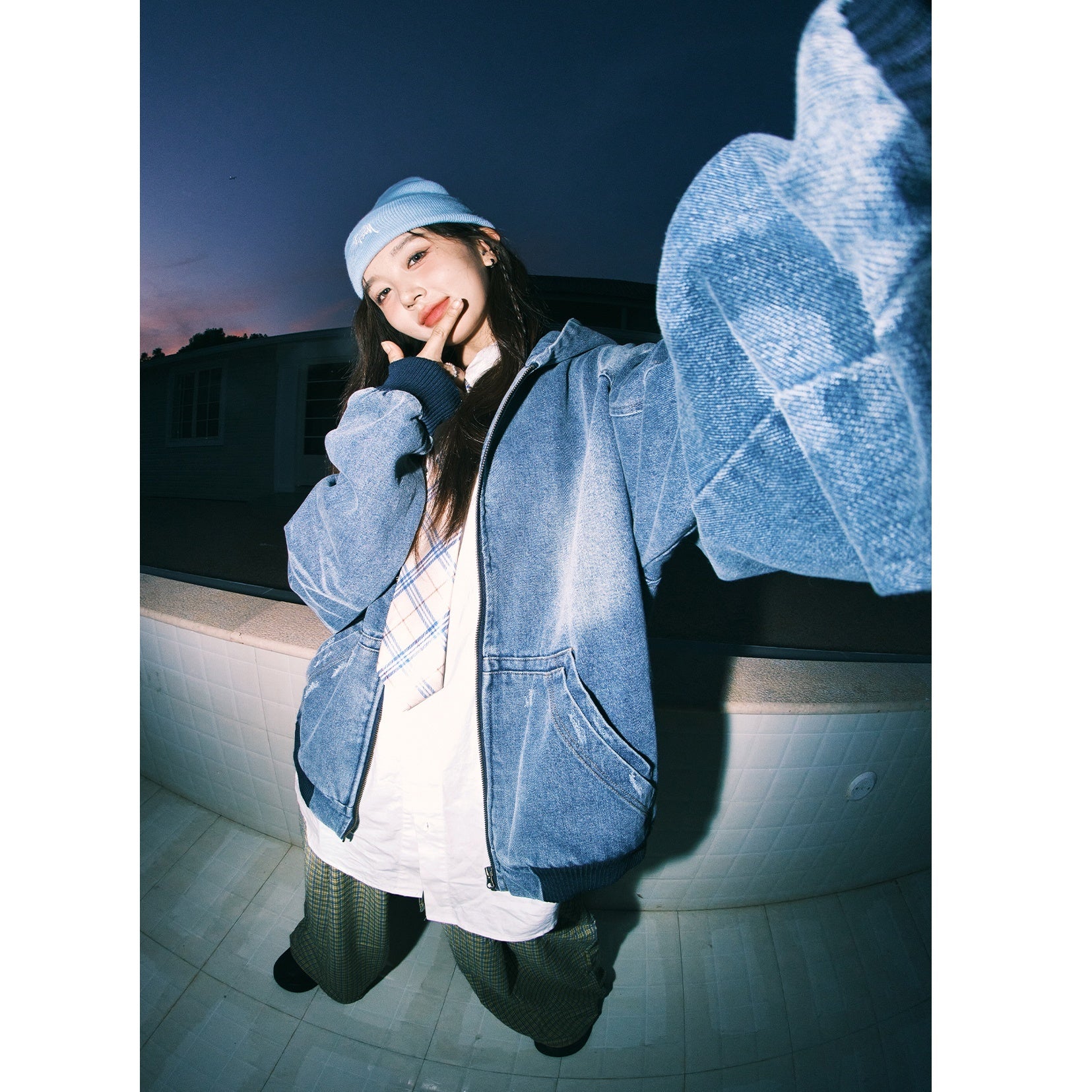 ZIP-Up Hooded Wash Denim Jacket MW9414