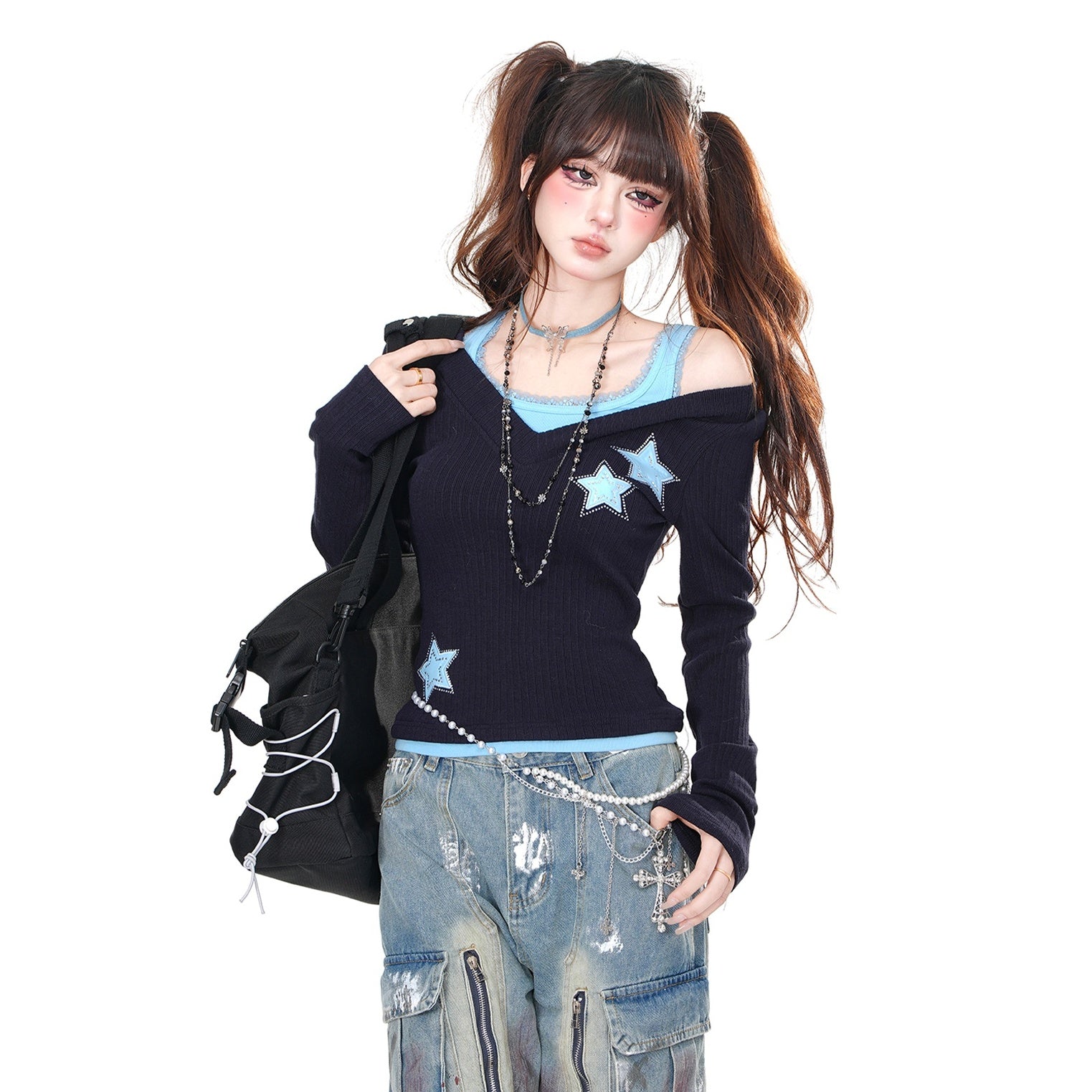 Fake Two Knitted Off-shoulder Cutsew KK2051