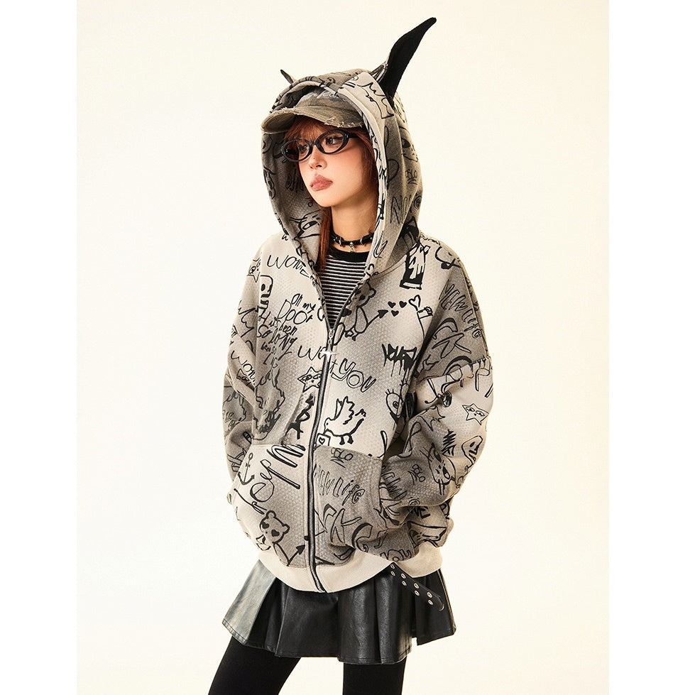 Doberman Ear Hooded Graphic Print Zip-Up Parka MW9701