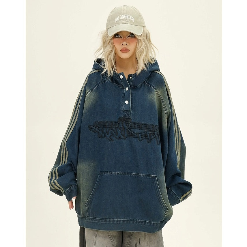 Letter Embroidery Denim Hooded Pullover MW9943