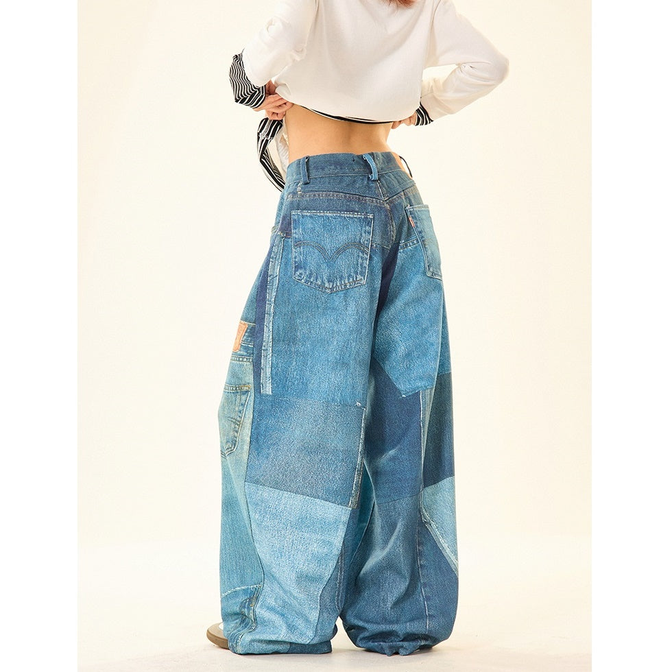 Patch Stitched Print Loose Straight Jeans MW9529